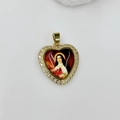 Detailed close-up of a heart-shaped Virgin Mary pendant with sparkling white cubic zirconia - St. Therese Style (DMK1151G-14)