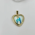 Macro detail of gold heart pendant with zircon border and Virgin Mary icon inlay - Virgin Mary Style 4 (DMK1151G-15)