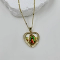 Close-up of heart-shaped Virgin Mary pendant with colorful icons and sparkling zircon gems - Our Lady of Guadalupe Style 3 (DMK1151G-16A)