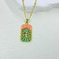 Macro view of mushroom tarot card pendant with colorful enamel on a gold chain - Mushroom Pattern, Green Red Blue Background, Necklace Included (ZYN-DMK1164G-1A)