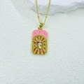 Detail of a gold tarot-style rectangle pendant with enamel mushroom and red-yellow rays - 3D Mushroom - Pink Starry Sky - Necklace Included (ZYN-DMK1164G-3A with Necklace)