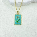 Detailed macro view of vintage square pendant with light blue enamel and golden rose motif - Rose - Light Blue Background - With Necklace (ZYN-DMK1165G-2A With Necklace)