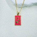 Detail view of a pink enamel rose tarot pendant on a delicate gold beaded chain - Rose - Bright Pink Background - Necklace Included (ZYN-DMK1165G-1A With Necklace)