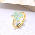 Close-up of golden panda ring with blue enamel and heart-shaped sparkling crystal - Light Blue Bear (ZYN-DMR100G-1)