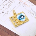 Vintage gouden rechthoekige hanger met blauw hart boze oog en witte zirkoon inleg - Blauwe Hart Hanger Zonder Ketting (ZYN-DMK558G-1)