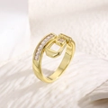 Detailed macro view of gold plated belt buckle ring with rectangular zircon inlay on band - Narrow Gold (ZYN-DMR200G)