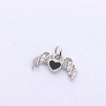 Gothic bat pendant with black heart stone and sparkling zirconia on silver metal - Black Silver Wing Heart