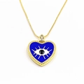 Macro detail of gold evil eye heart pendant with blue enamel and cubic zirconia - Dark Blue Heart Necklace Style 2 (ZYN-DMK439G-D2)