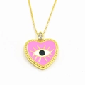 Detail of pink enamel heart pendant with golden evil eye and teardrop crystal charm - Pink Heart Necklace Style 2 (ZYN-DMK439G-B2)