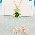Golden teddy bear necklace with green heart zircon pendant on a delicate box chain - Necklace Set (ZYN-DMK482G-3) / Green