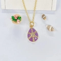 Macro detail of gold teardrop pendant with purple enamel and zircon cross pattern - Purple Enamel Water Drop Necklace (ZYN-DMK486G-5) / Purple