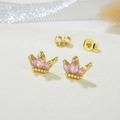 Detailed macro view of gold crown earrings with pink marquise zircons and butterfly backs - Pink Style (ZYN-DME247G-5)
