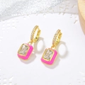 Ethnic geometric rectangle gold drop earrings with pink enamel and sparkling zircon stones - Rose Pink (E240+K475G-2)