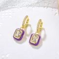 Ethnic 18K gold rectangular earring with zircon paving and purple enamel border - Purple (E240+K475G-3)