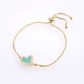 Detail of adjustable gold heart bracelet with teal opal inlay and zircon stones - Gold Green Opal