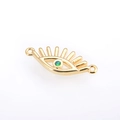 Close-up of gold-plated evil eye connector with green gemstone and eyelash detail - Green Evil Eye / Gold