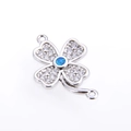 Silver four-leaf clover connector with white crystals and central blue opal stone - Blue Four-leaf Clover / Silver