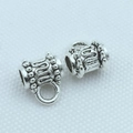 Antique silver hollow cylinder jewelry beads with intricate floral carvings and ring loops - 8x6 Round with Ring / 100pcs Pack
