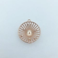 Detailed macro view of a rose gold circular pendant with sunburst texture and tiny zircons - Round / Rose Gold