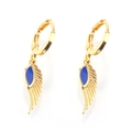 Detail of golden wing earrings featuring deep blue enamel inlay and stylish hoop closure - Gold Blue