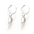 Detail view of silver angel wing earrings with textured feathers and polished ear hoops - Silver White