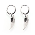Close-up of silver-plated angel wing earrings with black enamel feather details - Silver Black