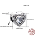 Macro shot of S925 silver heart charm bead with cubic zirconia and engraved hallmark - Clear Rhinestone Style (S099)