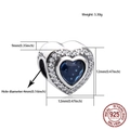 Macro view of S925 silver heart charm with blue zircon and detailed dimensions - Heart Blue Rhinestone Style (S100)