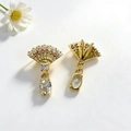 Elegant gold fan-shaped drop earrings with sparkling crystals and large oval stones - White Pendant