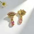 Golden fan-shaped vintage style earrings with pink cubic zirconia in a classical design - Pink Pendant