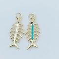 Gold plated copper fishbone pendant charms with blue opal inlay in a two-piece set - Gold / Blue (Pendant Only)