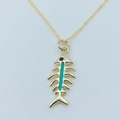 Detailed view of a gold-plated fishbone pendant with blue opal inlay on a fine chain - Gold / Blue (With Chain)