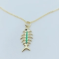 Close-up of gold plated fishbone pendant with iridescent green opal inlay and delicate chain - Gold / Green (With Chain)