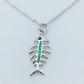 Macro view of silver-plated fish bone pendant with green opal inlay and delicate chain - Platinum / Green (With Chain)