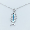 Macro detail of silver fish bone pendant featuring opal inlay and black gemstone eye - Platinum / Blue (With Chain)