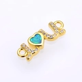 Detailed gold LOVE charm connector with blue opal heart and white zircon stones - Gold Green