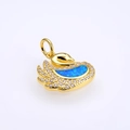Detailed view of swan pendant with blue fire opal inlay and sparkling crystals - Gold Blue Opal