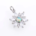 Silver flower pendant necklace featuring central opal and clear zircon petal stones - Platinum Green Opal Pendant