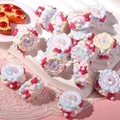 Macro detail of hand-painted acrylic cake charms for DIY jewelry making and phone chains - Price per Piece / White Bead + Pink Cream + Multicolor Border + Pink Flower Blue Dot + Pink Flower
