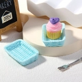 Miniature resin cupcake with purple heart and blue woven trays for dollhouse play - Small / Blue