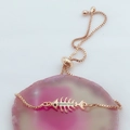 Pulsera de espina de pescado oro rosa con opalo iridiscente y cadena ajustable - Pulsera Ajustable de Ópalo Blanco de Oro Rosa