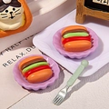 Miniature hot dog food models on purple plates with a tiny fork and cat decor - Purple Plate Burger