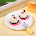 Miniature resin cupcakes set with pink liners, white plate, and a small toy knife - Rose Red Cherry Cake Style