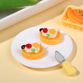 Miniature resin fruit tart and cake model on a white plate for dollhouse DIY decoration - Yellow Cream Cake Style