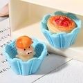 Close-up of cute resin pig and strawberry tart miniature ornaments in blue cups - Flower Shaped Empty Basket (MG-08091) / Blue
