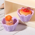 Miniature resin pink pig and strawberry tart toy model in purple scallop cup holders - Flower Shaped Empty Basket (MG-08091) / Purple