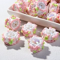 Hand-painted DIY resin beads with cream-style floral patterns for phone chains - Pink White Cream with Green Leaf and Pink Flower