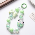 Close-up of mint green beaded phone charm with a panda cookie pendant and m-candy beads - Light Green