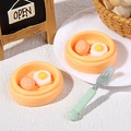 Miniature resin Chinese breakfast set with steamed egg models and tiny green fork - Boiled Egg and Fried Egg