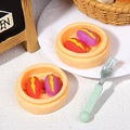 Miniature resin Chinese breakfast dim sum set with colorful dumplings and steamer - Sweet Potato and Purple Yam
